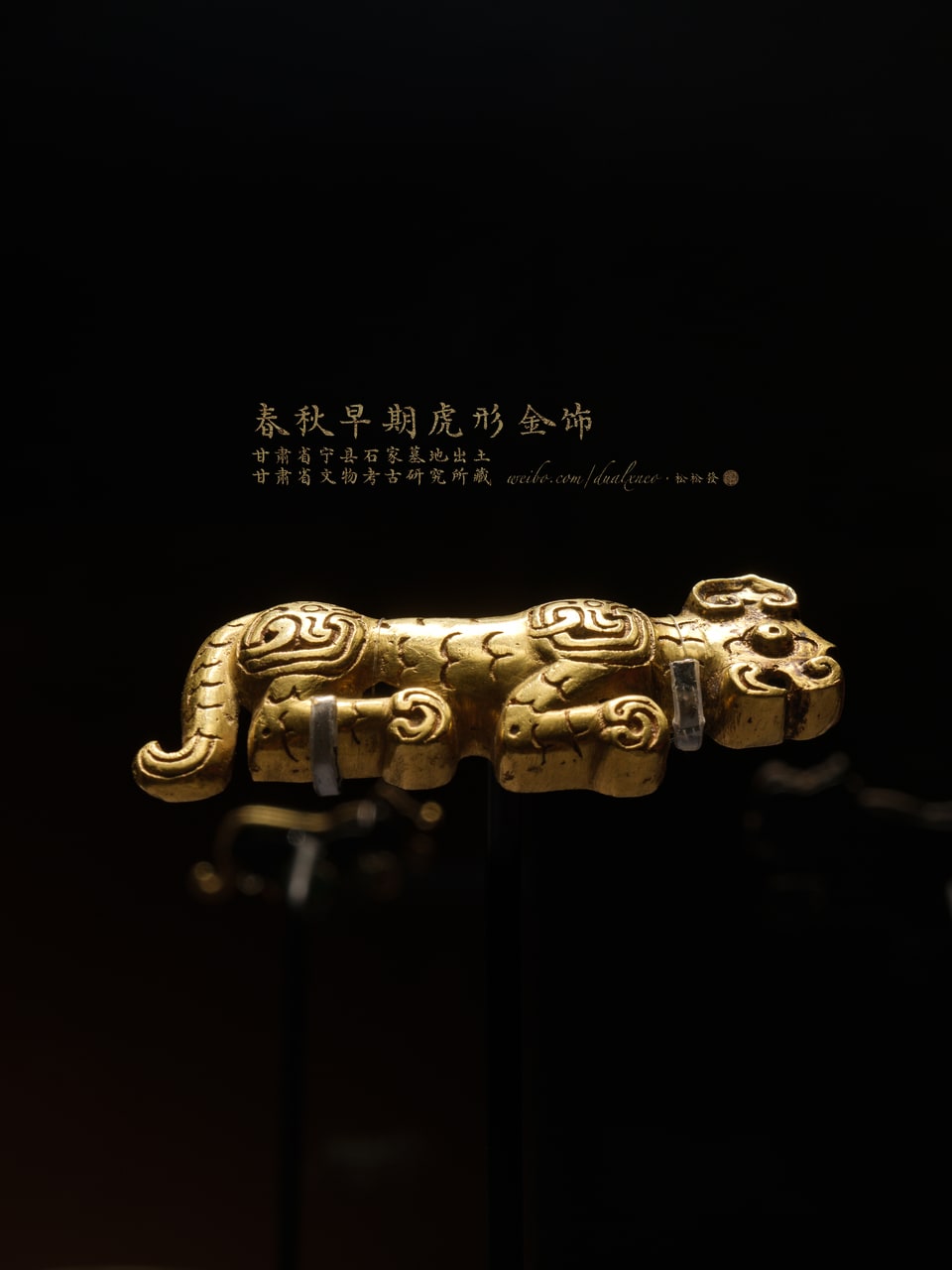 A gold tiger-shaped ornament against a black background, with an extended head, tucked limbs, a curled tail and raised surface motifs.